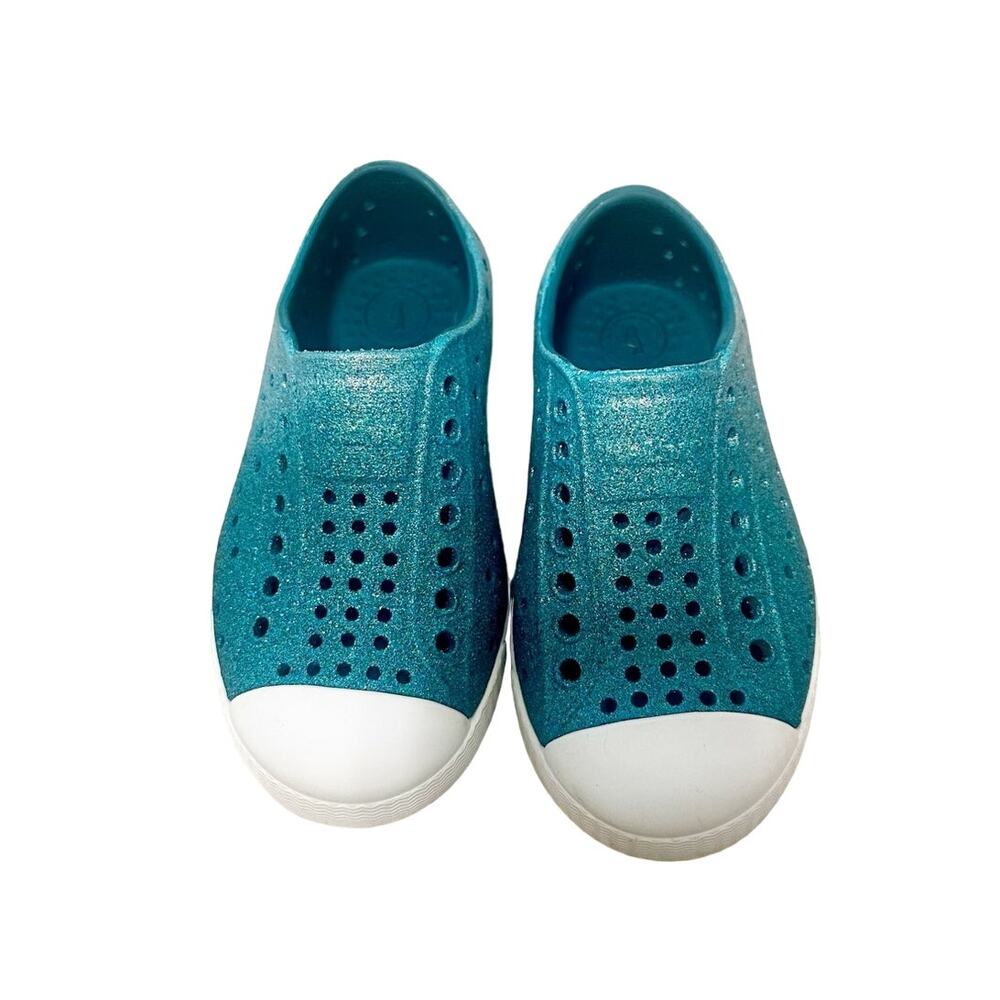 NATIVE Jeffersons Teal Bling Glitter Slip On closed toe Shoes Toddler size 8